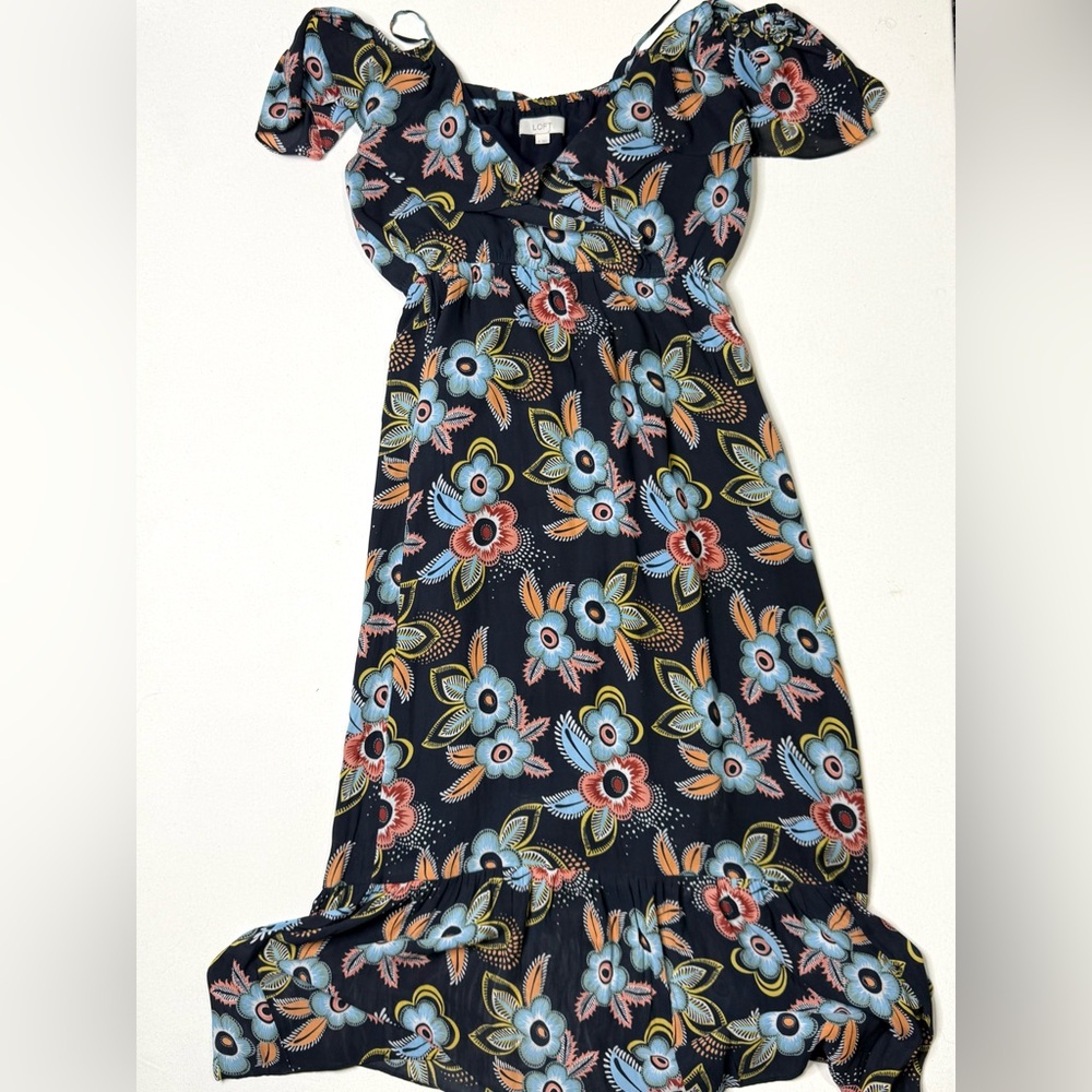 LOFT Navy with Floral Pattern Off Shoulder Ruffle Maxi Dress Size Small